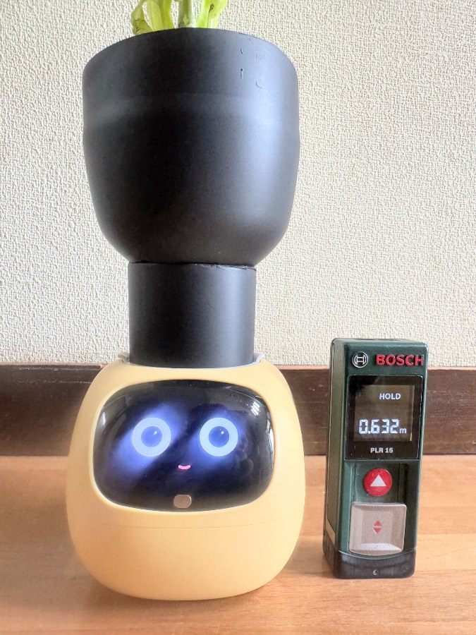 黒い拡張ポットを載せたIvyと、その右側に置かれた測距器が写っています。植物の上端は画面に入っていません。