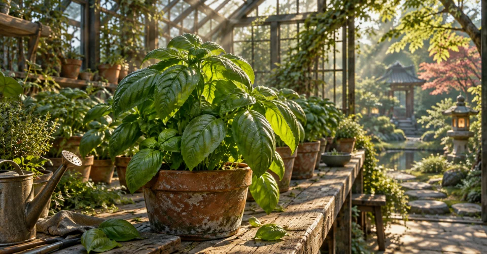 窓からの光を受ける鉢植えのバジルのイラスト