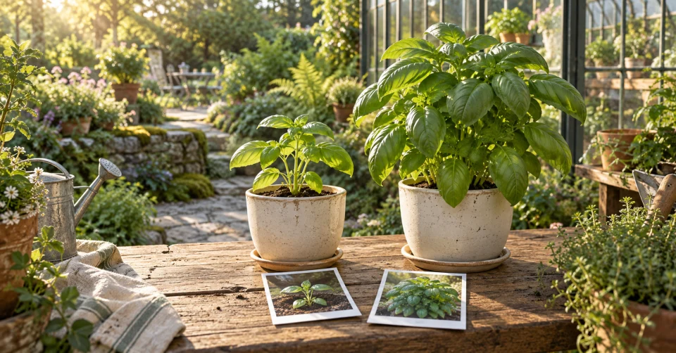 大小の鉢植えと比較用の写真を並べたイラスト
